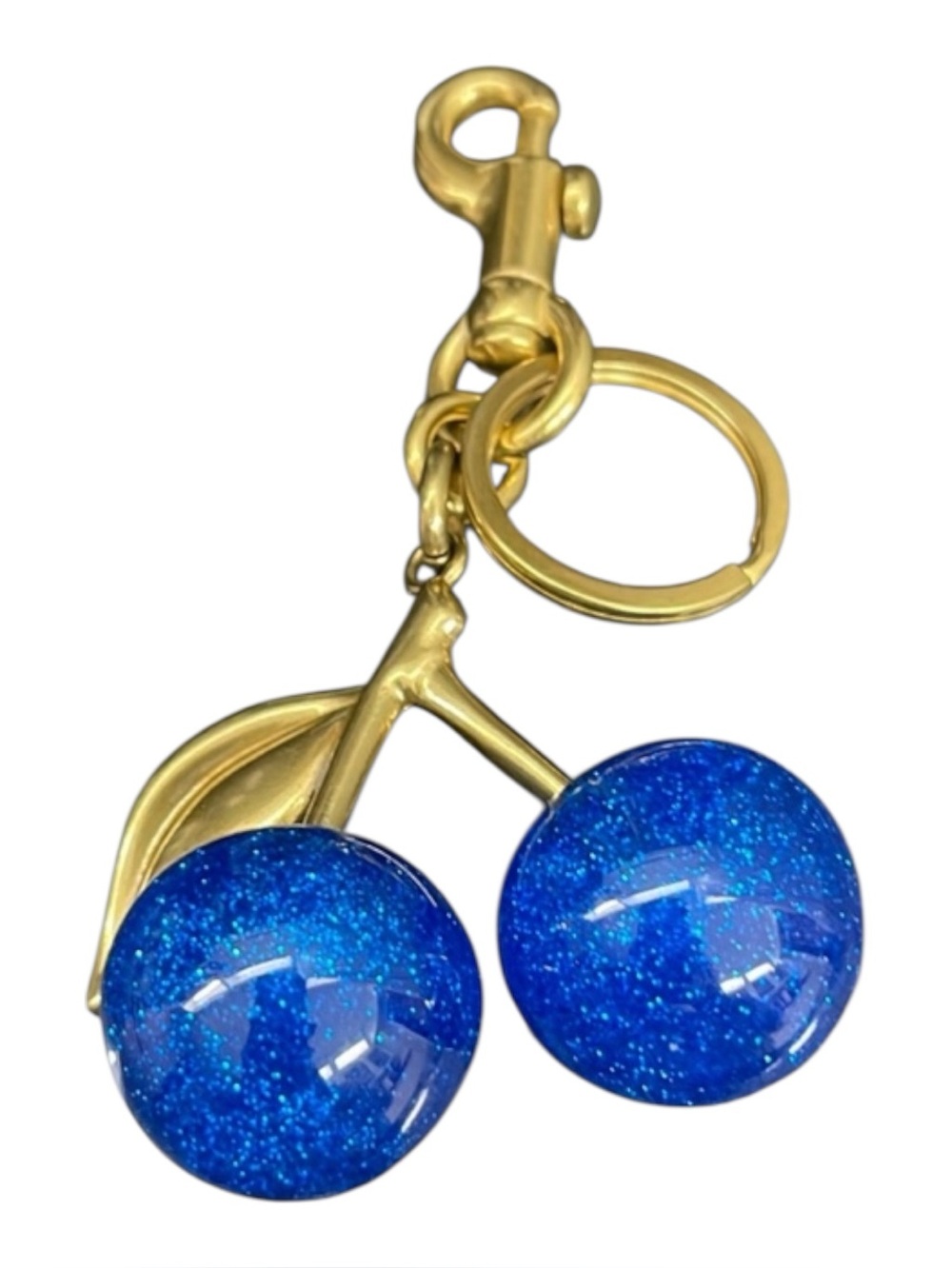 Blue Shimmering Double Cherry Gold Leaf Bag Charm.